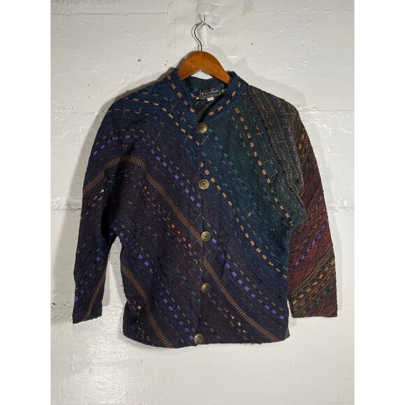 B. Jane Doub Handwoven Jacket Large Multicolor Art to Wear Fiber Knit Button - Picture 2 of 15